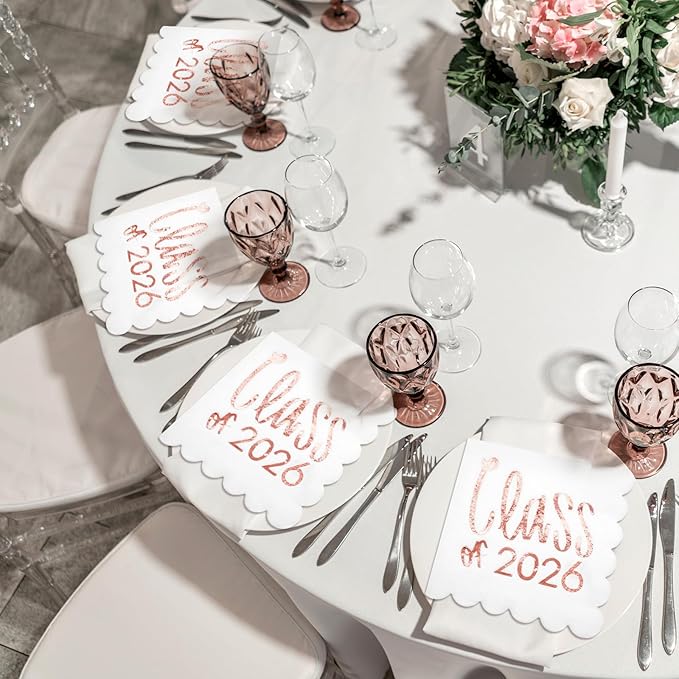 100 Pcs Class of 2026 Graduation Cocktail Napkins 5 x 5 Inch Congrats Grad Scalloped Paper Napkins for Dinner Beverage Graduate Decorations(Rose Gold)