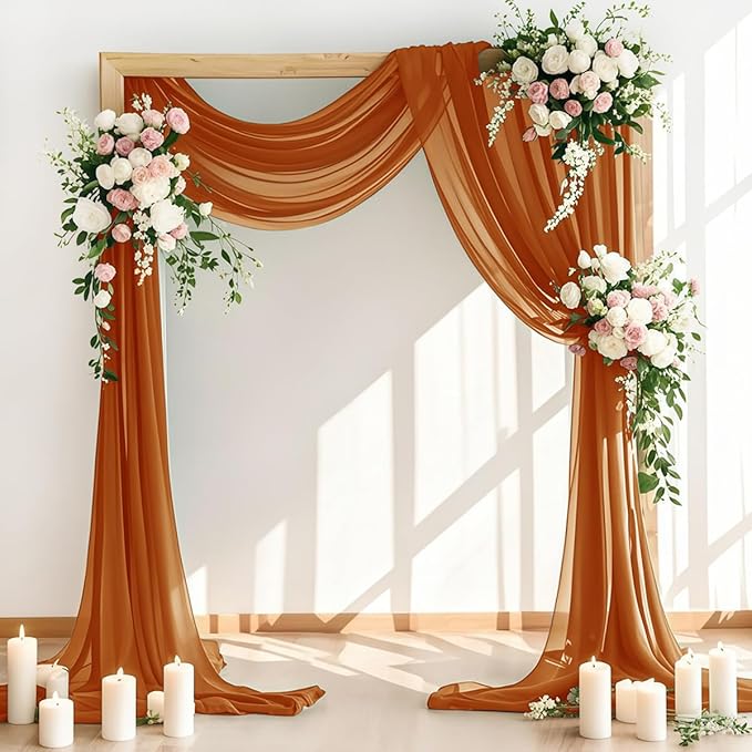 Wedding Arch Draping Fabric 30'' x 18FTSheer Chiffon Arch Drape Backdrop 2 Panel Terracotta Drapes for Photo Booth Bridal Shower Church Decor Newborn Photography Outdoor Party
