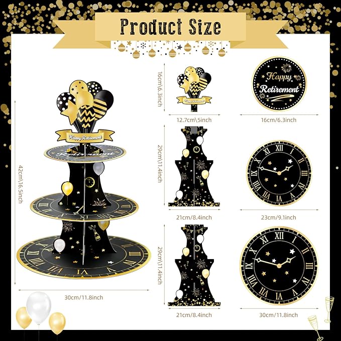 Happy Retirement 3 Tier Cupcake Stand,Cupcake Tower for Retirement Theme Farewell,Black Gold Cardboard Cake Dessert Holder Tower for retirement party decorations