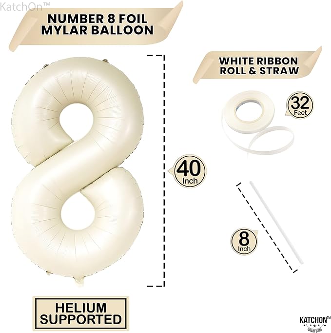 KatchOn, Giant Cream White Number 8 Balloon - 40 Inch | 8th Birthday Decorations for Party | Birthday Balloons 8 Year Old | Eight Balloons Number for 8th Anniversary Party Supplies