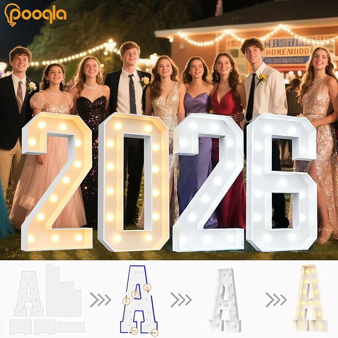Pooqla 4 FT Light Up Marquee Numbers, Giant Mosaic Light Up Numbers Cool White and Warm White LED, Large Lighted Marquee Numbers for Balloons 4th 14th 40th Birthday Party Decoration, LED Number 4
