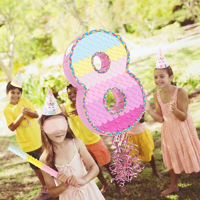 WERNNSAI Number 8 Piñata – Pink 8th Birthday Party Decorations Rainbow Ombre Eight Piñata for kids girls with Blindfold and Stick for 8 Year Birthday Supplies Princess Anniversary Decoration