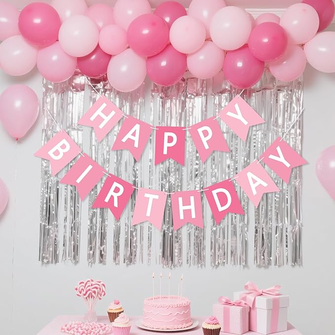 Happy Birthday Banner Sign, Birthday Garland Wall Door Hanging Banners Flag for Women Men Boys Girls Party Backdrop Decorations, Personalized Name Banner White Letters Pink and Light Pink