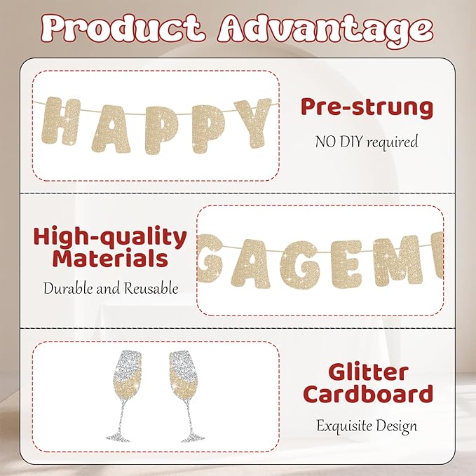 Engagement Party Decorations, Pre-Strung Happy Engagement Banner, Glitter Just Engaged Banner with Glass, Couples Shower Decorations For Happy Wedding Reception Sighs Photo Props Backdrop