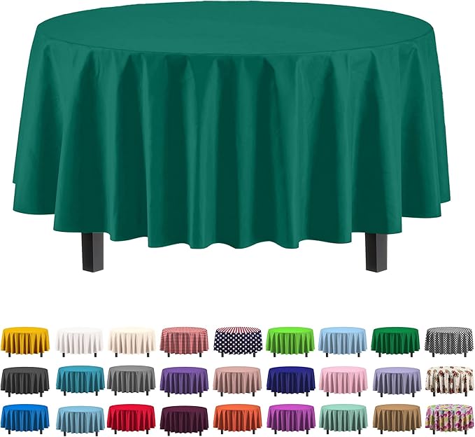 Exquisite Party Solids 6-Pack Premium Plastic Tablecloth 84in. Round Plastic Table Cover - Dark Green