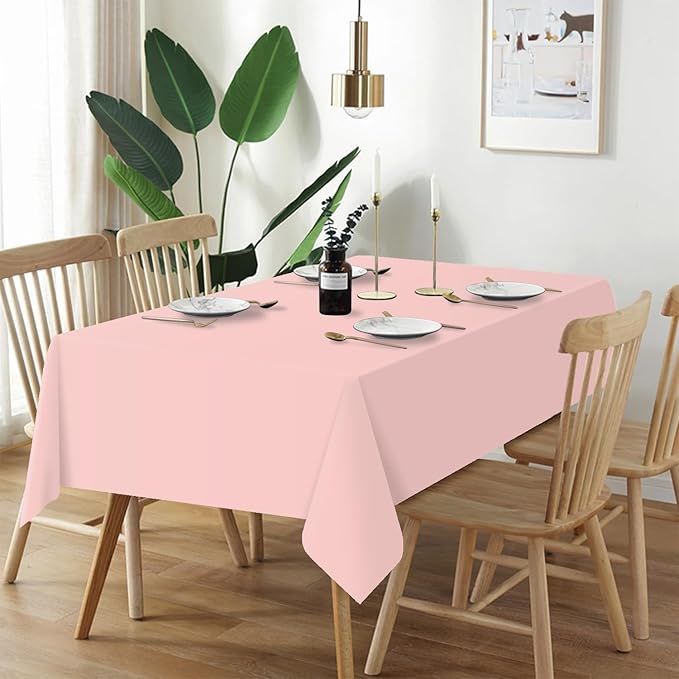 QIKSION Blush Pink Plastic Table Cloth Disposable 12 Pack, 54 x 108 Inch Tablecloths for Valentines, Easter, Mothers Day Decorations, Baby Shower Birthday Party, Rectangle Table Cover