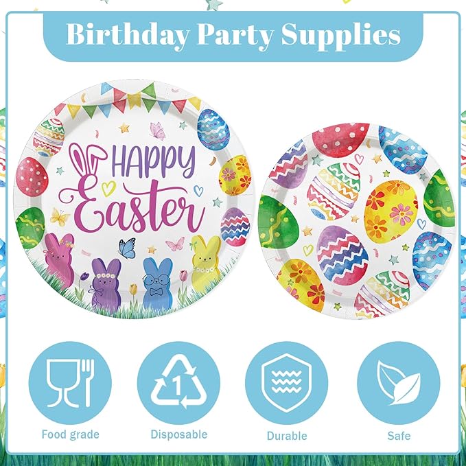 MEHOFOND 194pcs Easter Plates and Napkins, Happy Easter Paper Plates and Napkins Disposable, Spring Colorful Bunny and Eggs Theme Round Tableware, Rabbits Easter Party Supplies Table Decor, Serves 24