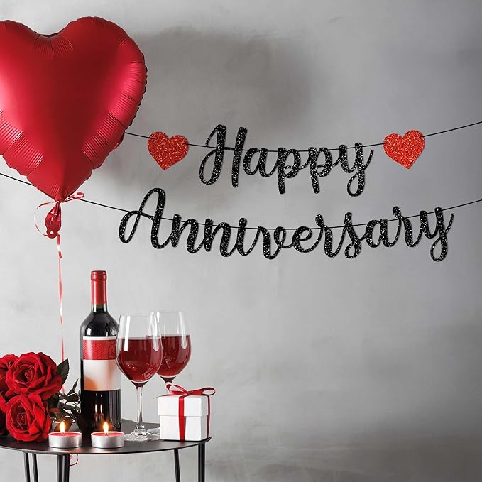 Pre-Strung Happy Anniversary Banner - No DIY - Black Glitter Wedding Anniversary Party Banner in Script - Pre-Strung Garland on 6 ft Strands - Wedding Decorations & Decor. Did We Mention No DIY