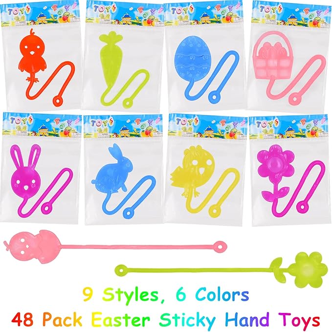 24 Pack Easter Sticky Hand Toys with 24 Pcs Plastic Easter Eggs, 9 Styles Easter Sticky Stretchy Toys for Kids Boys Girls Easter Basket Stuffers Egg Fillers Party Favors Gifts