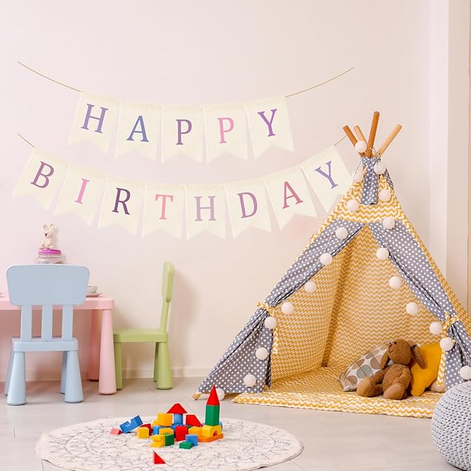 Doumeny Happy Birthday Burlap Banner Boho Birthday Garland Bunting Purple Pink Bohemian Party Hanging Banner White Happy Birthday Sign Flag Colorful Birthdays Bunting Garland for Home Mantel Fireplace