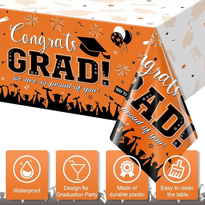 6 Pack Graduation Tablecloth Party Decorations, Class of 2026 Congrats Grad Plastic Tablecover Party Supplies, Orange Rectangle Graduation Table Decorations for College High School Party, 54 x 108Inch