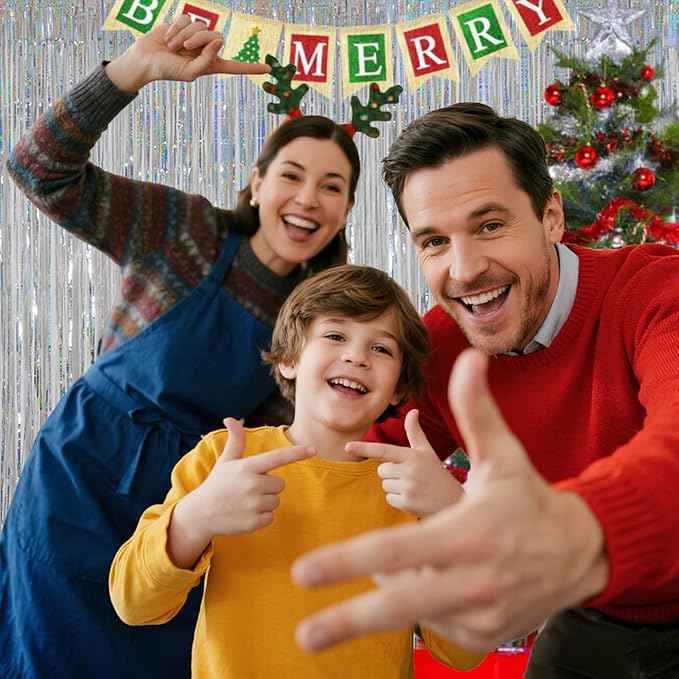 Silver Foil Fringe Curtains for Party Decorations, Birthday Photo Backdrop, 3.28 x 6.56ft Metallic Streamer Tinsel Curtain with Glitter for Birthday Wedding Wall Hanging Supplies