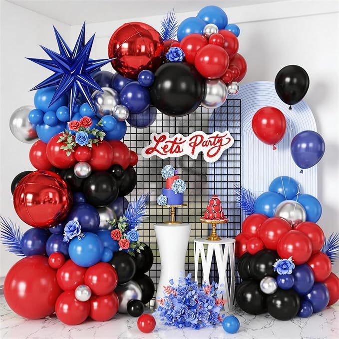 Navy Blue Red Silver Balloon Arch Garland Kit with Star Balloons Red 4D Round Foil Balloons for Birthday Graduation Party Decorations