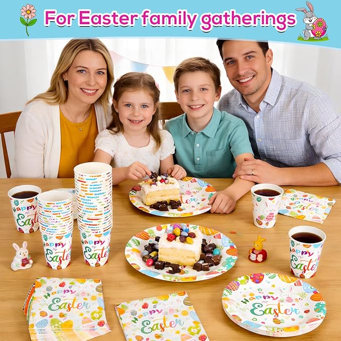 200PCS Easter Paper Plates and Napkins Set, Bunny & Egg Theme, 9" Dinner Plates, 7" Dessert Plates, 9oz Cups and Napkins, Heavy Duty Disposable Tableware for Easter Party Supplies, Serves 50
