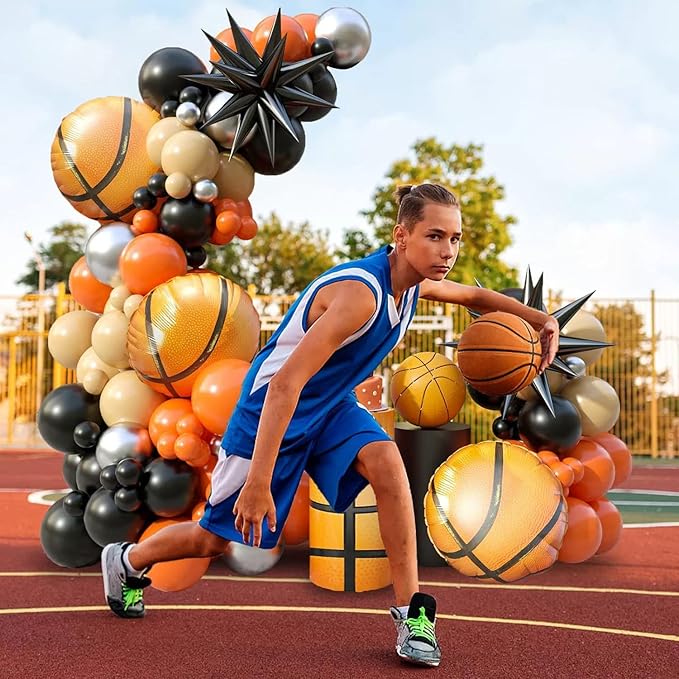 Basketball Balloon Arch Kit, 103 PCS Basketball Party Decorative Balloons, Orange Black Metal Silver Balloons, Suitable for Boys' Birthday, Baby Shower Party, Sports Theme Decor
