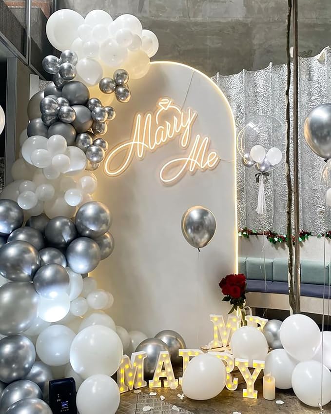 White Silver Balloon Arch Kit Garland with Grey Clear Balloons for Birthday Engagement Wedding Baby Shower Confirmation Prom 25th Anniversary Decorations