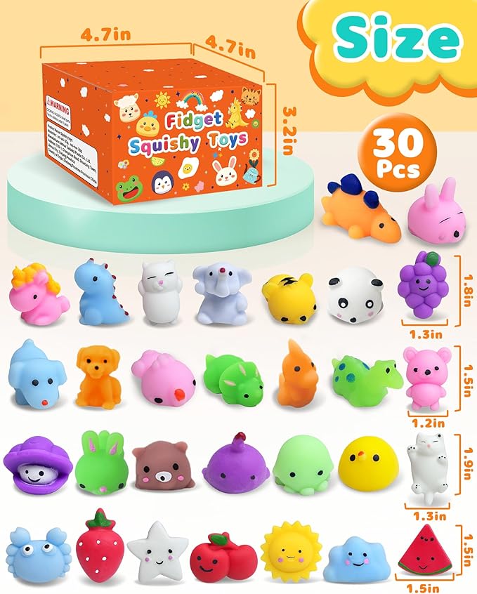 30 Pack Squishy Toys, Kawaii Party Favors for Kids 3-5, 4-8, 8-12, Treasure Box Toys for Classroom Prizes, Mini Gifts Goodie Bag Easter Basket Stuffers Egg Fillers Bulk Fidget Squeeze Toy