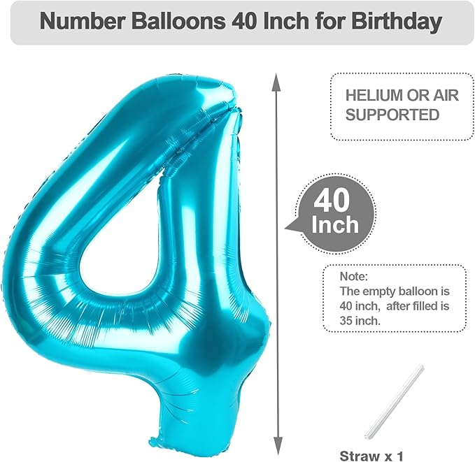 4 Balloon Number Large, 40 Inch Foil 4 Balloons for Birthday Party Decoration, Light Blue Number 4 Ballon for 4, 14, 24, 40 Celebration, Birthday, Christmas, Anniversary Decor