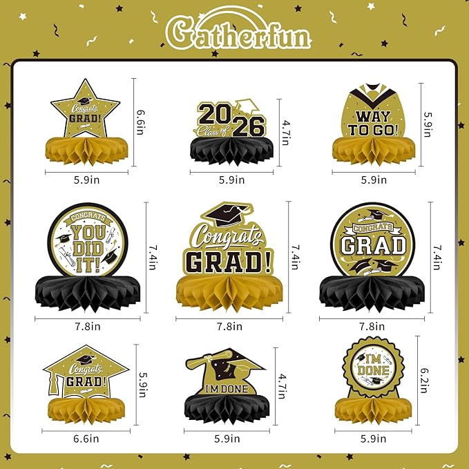 9PCS Graduation Party Decorations Class of 2026 Congrats Grad Table Centerpiece Congratulate Graduation Honeycomb Table Toppers for Graduation Party Supplies(Gold,Black）