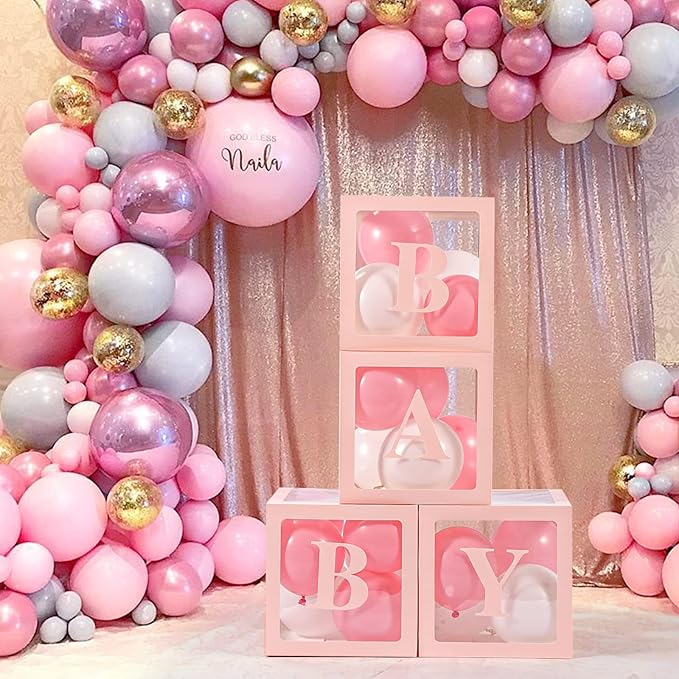 Baby Boxes with Letters for Baby Shower, 4 Transparent Balloon Boxes with Letters for Gender Reveal Birthday Wedding Baby Shower Decorations (Pink)