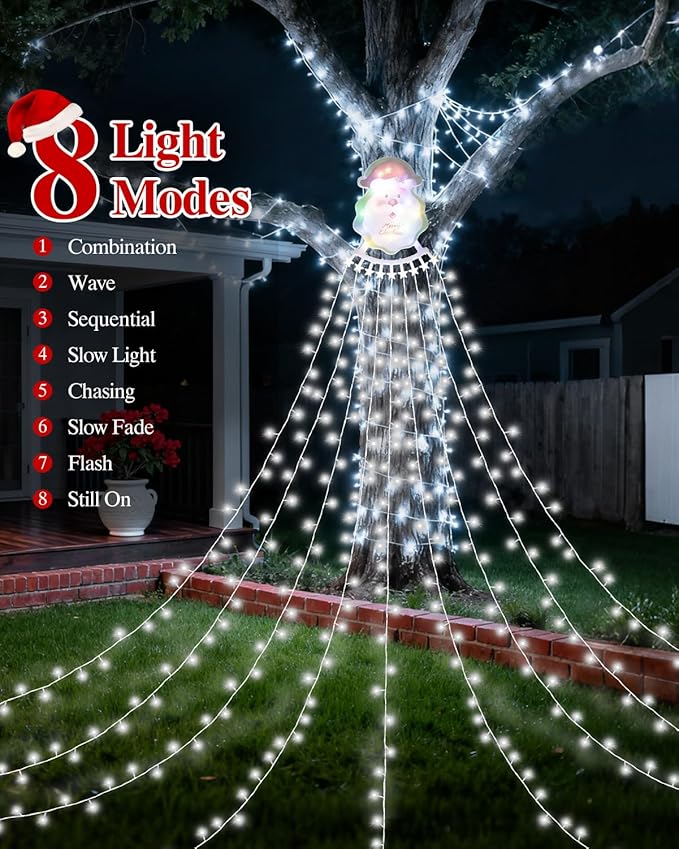 Christmas Waterfall Outdoor String Lights, Christmas Tree Lights with Topper 335 LED 11.48ft 9 Strands, 8 Lighting Modes Holiday New Year Decoration Lights for Wedding Yard Party Home Indoor Decor