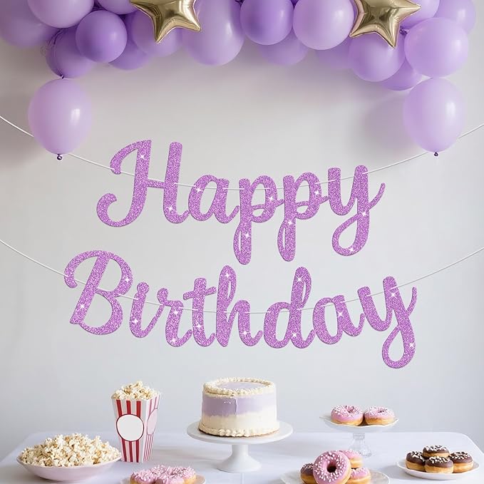 Glitter Happy Birthday Banner Sign Birthday Garland Wall Door Banners Flag for Women Men Boys Girls Party Backdrop Decorations Light Purple