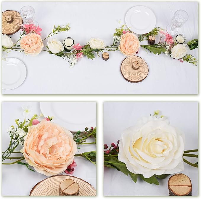 Lvydec Artificial Peony Flower Garland - 6ft Silk Peony Garland with Champagne and White Flowers for Wedding Party Table Decoration