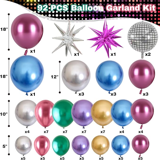 Metallic Balloon Arch Garland Kit, Disco Party Decorations with Chrome Rainbow Colorful Purple Teal Red Hot Pink Blue Balloons Disco Ball Balloons for 80s 90s Theme Birthday Anniversary Party Supplies