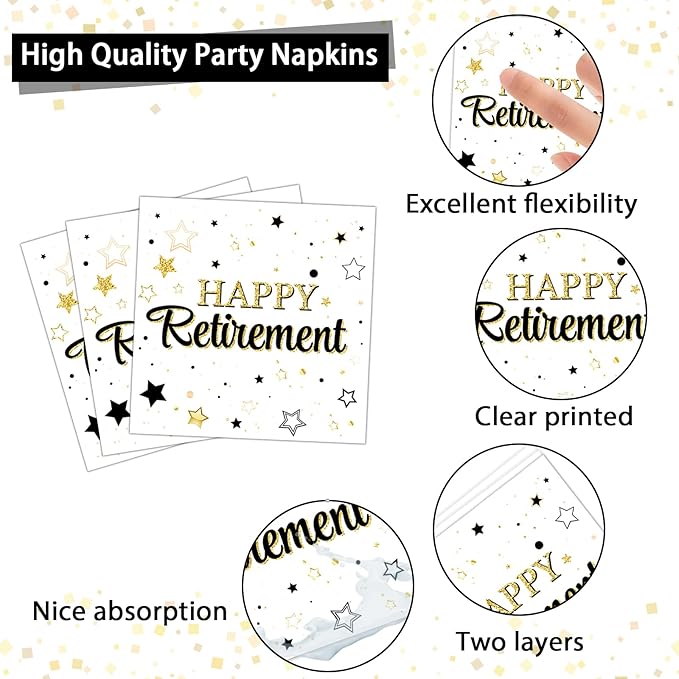 Qyeahkj 100PCS Retirement Party Supplies Happy Retirements Paper Plates Napkins Tableware Set White and Gold Disposable Dinnerware Retired Theme Decoration Favors for Women Men, Serve 25 Guests
