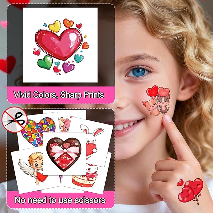 JCFIRE 96Pcs Valentines Day Stickers for Kids Temporary Tattoos, Heart Stickers for Valentines Day Gifts for Kids Classroom Exchange, Waterproof Decals for Party Favors, Goodie Bags, Crafts