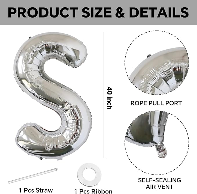 KALOR 40 Inch Silver Letter S Balloons Jumbo Foil Mylar Helium Big Balloons for Birthday Party Anniversary Baby Shower Supplies