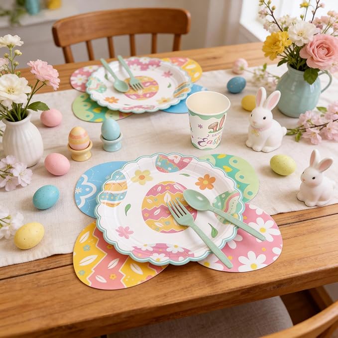 Easter Plates Party Supplies - 168Pcs Bunny Paper Plates and Egg Napkins Cups Cutlery Serve for 24 Happy Easter Rabbit Party Decorations Table Decor