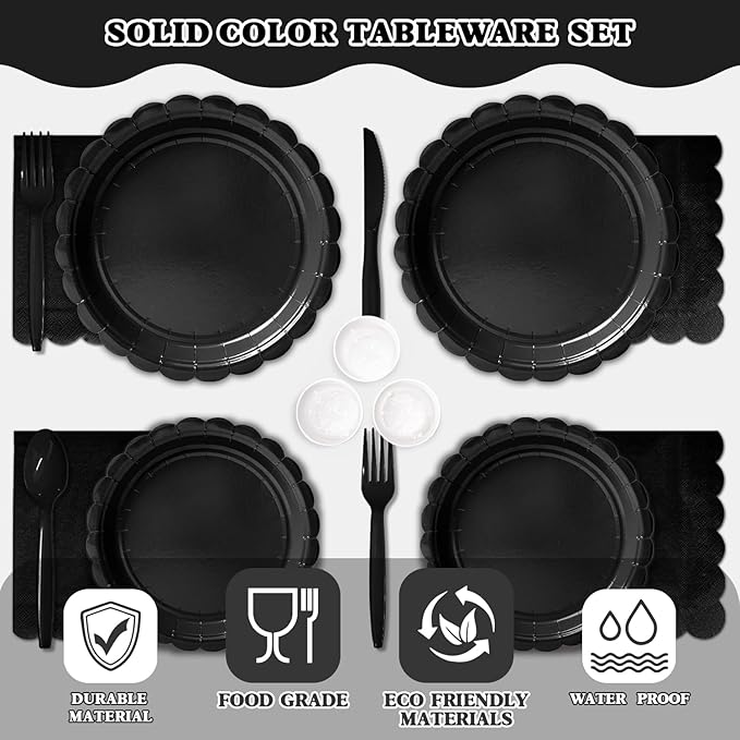 Vyntra 175 Pcs Black Disposable Paper Plates and Napkins Set for 25, 9" Dinner Plates & 7" Dessert Plates, Tableware for Birthday, Graduation, Wedding, Party