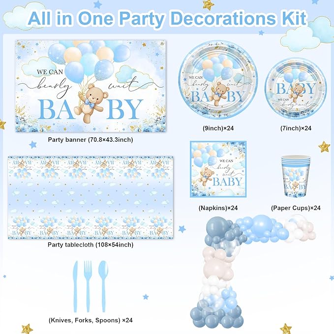 270 Pcs Blue Bear Baby Shower Decorations: We Can Bearly Wait Baby Shower Banner Disposable Plates Napkins Cups Tablecloth Balloons for Boy Serve 24