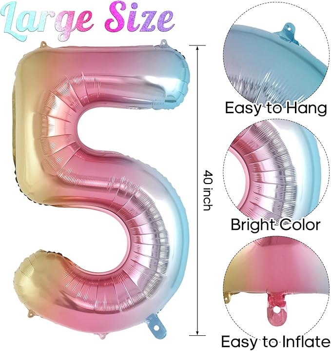 Rainbow Gradient Number 5 Balloon, 40 Inch Big Large Foil Number Balloons, Jumbo Mylar Number 5 Balloons for 5 Year Old Birthday Party Decorations Supplies Anniversary Celebration