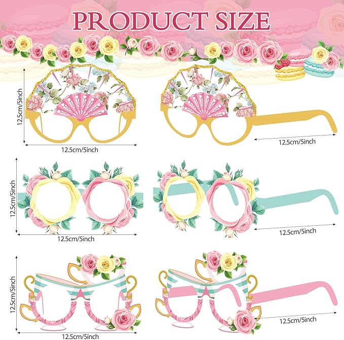 Pajean 32 Pcs Tea Party Decorations Eyeglasses Tea Time Themed Paper Glasses Supplies Floral Photo Booth Props Frame for Garden Floral Bridal Shower Birthday Party Decor Favors Supplies