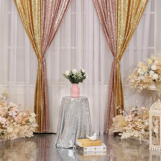 Juya Delight 2ft x 8ft x 2Pcs Rose Gold Sequin Photography Backdrop Curtain for Party Banquet Festival Wedding Anniversary Exhibition
