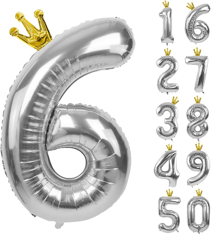 Silver Number 6 Balloon with Crown, 40 inch Silver Number Balloon 6th Birthday Party Decoration Silver Crown Balloons 0-9 for Birthday Party Anniversary Decorations Supplies