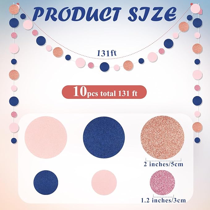 Outus 10 Pieces Blue,Pink,Rose Gold Round Dots Garland Easter Graduation Party Hanging Decor Each Length 13.1ft Glitter Paper Dot Streamers for Birthday Wedding Classroom