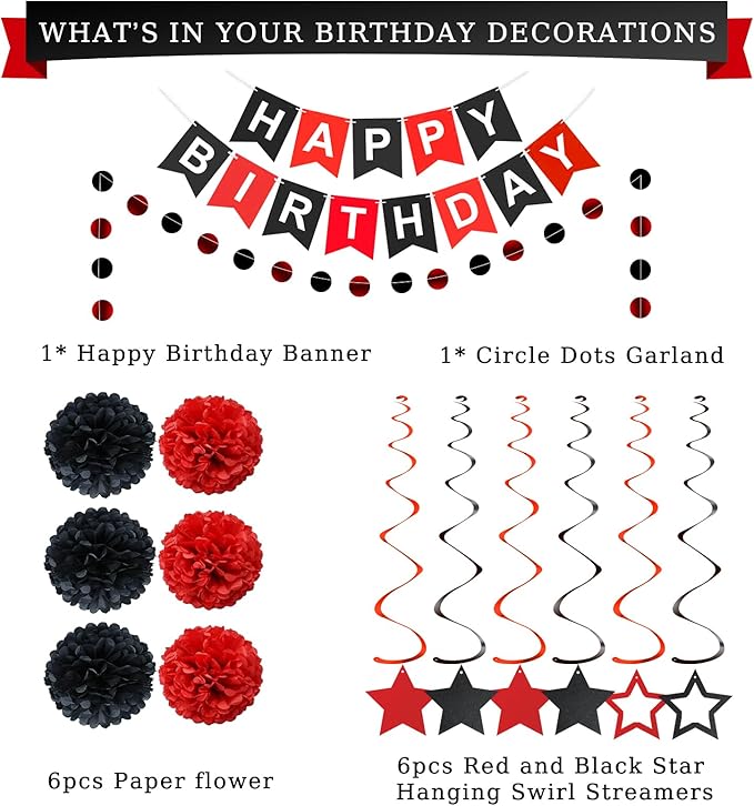 Red and Black Birthday Decorations, Black Happy Birthday Banner, Red Happy Birthday Decorations for Men Women and Girls Birthday Party Decorations
