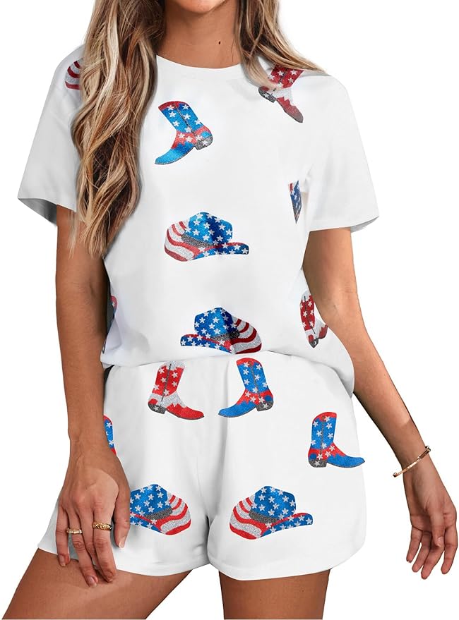VILOVE 4th of July 2 Piece Sequin Outfits Women 250 Anniversary Usa Shirts and Short Sets Casual Patriotic Shirt Summer Set