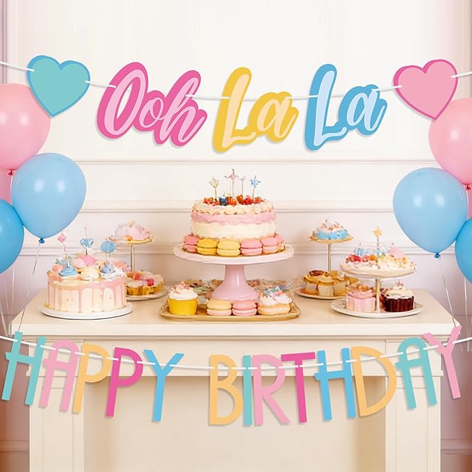 2PCS Ooh La La Birthday Banner, Colorful Fancy Pre-Strung Garland, Fancy Party Decorations for Birthday, Tea Party, Baby Shower Supplies