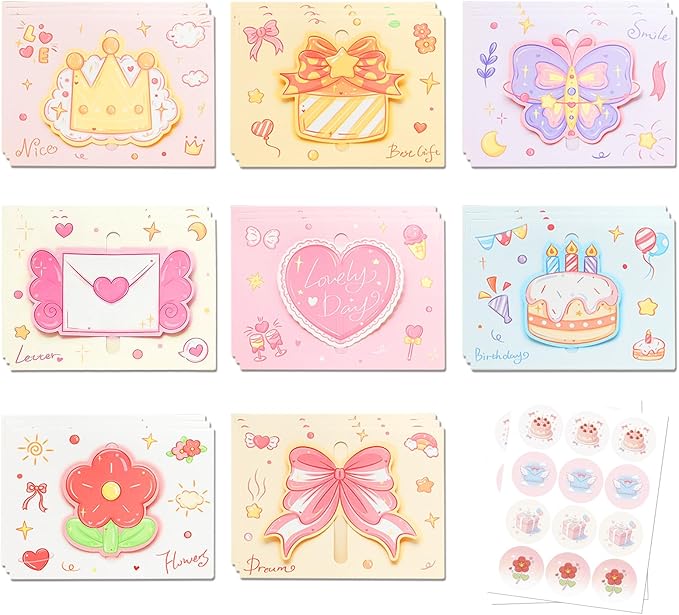 24 Pack Cute 3D Pop Up Greeting Cards with Envelopes and Stickers, Assorted Cartoon Birthday Cards Bulk, Lovely Butterfly Crown Flower Cake Note Cards for Birthday Party Wedding Baby Shower Kids Adults Holiday Celebration