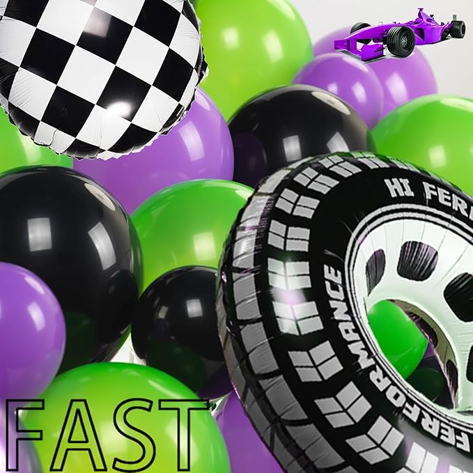 Monster Truck Purple and Green Black Balloon Garland Arch Kit with Big Wheels checkered star mylar foil tire balloons For Kids 3th 4th Birthday Monsters Racing Car Theme Party Decorations