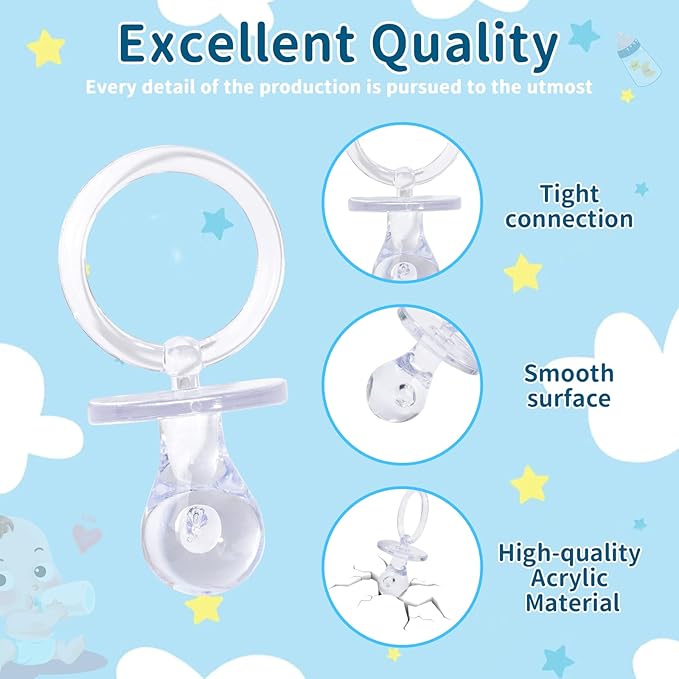 Pacifiers for Baby Shower Game, 36PCS Plastic Pacifiers for Baby Shower Decoration DIY, Large Size Baby Shower Pacifiers, Gender Reveal Party Table Scatter/Hunt Baby Shower Game Props(Clear, 2.75 in)