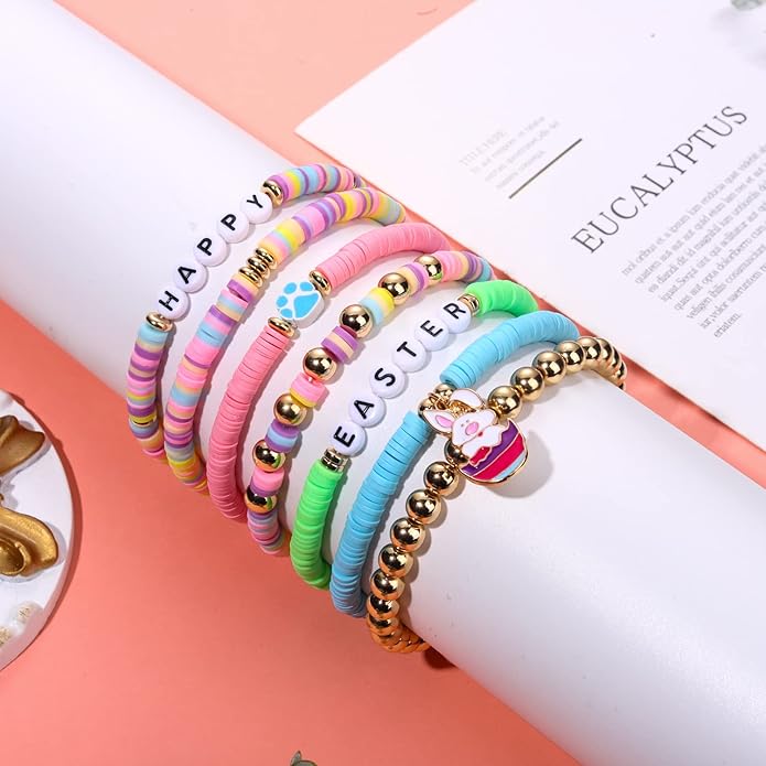 Surfer Heishi Bracelets for Women Stackable Rainbow Vinyl Disc Clay Beaded Stretch Bracelets Elastic Layering Friendship Bracelets Boho Summer Beach Jewelry