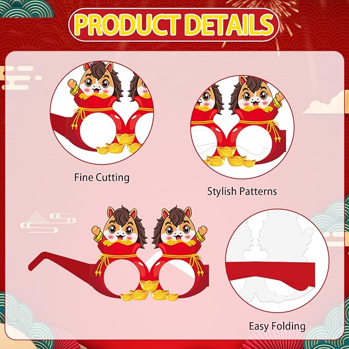 12PCS Lunar New Year Glasses, Funny Chinese New Year Paper Eyeglasses Photo Booth Props Spring Festival Eyeglasses Frames for Year of the Horse Party Supplies 2026