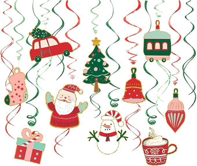 Christmas Decorations, 30 PCS Hanging Swirls Ceiling Decorations with Santa Claus, Snowman, Christmas Tree and Stocking Elements for Xmas Holiday Party Supplies