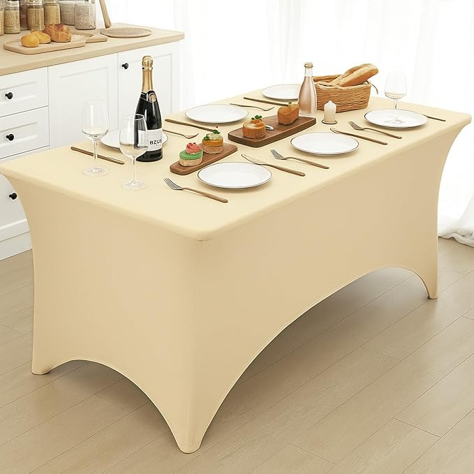 Fixwal 3 Pack Champagne Beige Cream Stretch Spandex Tablecloth 6FT - Fitted Washable Wrinkle Resistant Rectangular Table Cover for Wedding Trade Show Party Event [72Lx30Wx30H Inch]