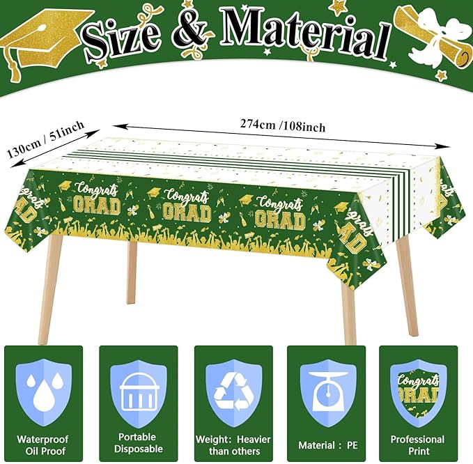 chiazllta Set of 3 Graduation Tablecloths Class of 2026 Congrats Grad Green Graduation Party Tablecover Decorations Party Supplies Large Size Plastic 54"x108"(Green & Gold)
